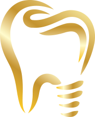 Gold outline of a tooth with a dental implant, likely for a dental practice.