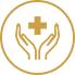 Hands cupped, holding a gold cross in a gold circle, representing healthcare.