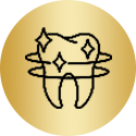 Shiny tooth with stars, surrounded by circles, within a gold circle.