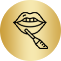 Line drawing of a mouth with teeth and a dental tool. Gold background.
