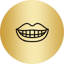 Smiling mouth with visible teeth, outlined in black, on a gold background.