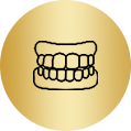 Dentures, outlined in black, inside a gold circle.