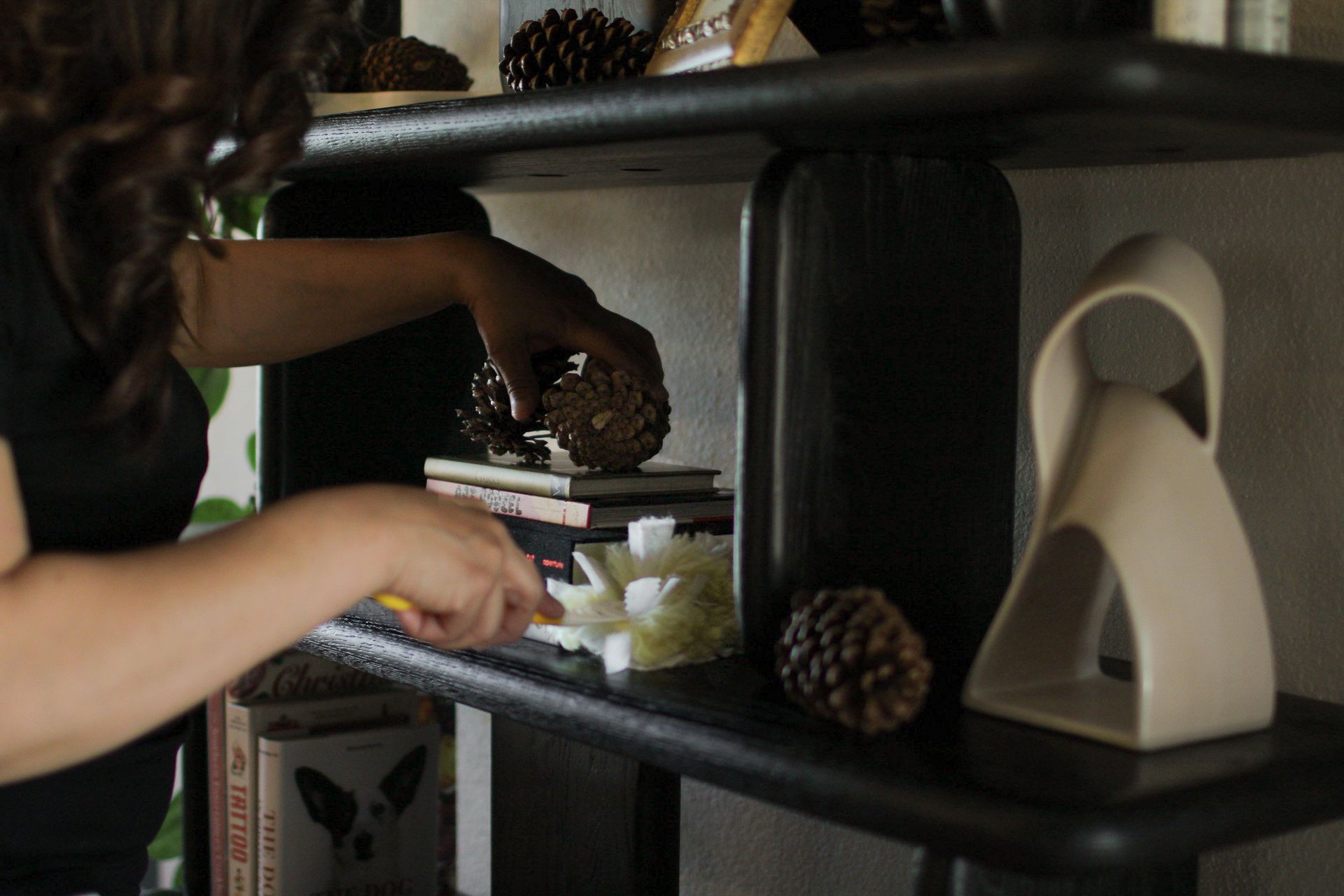 A person dusting a shelf with decor, including books, pinecones, and sculptures. A person dusting a shelf with decor, including books, pinecones, and sculptures.