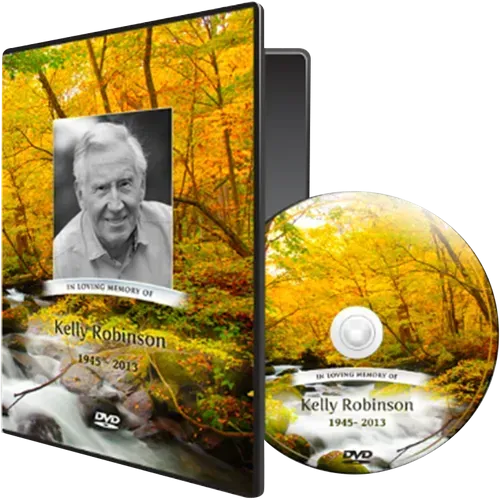 DVD case and disc featuring a photo of a man and an autumn stream scene; in memoriam for Kelly Robinson.