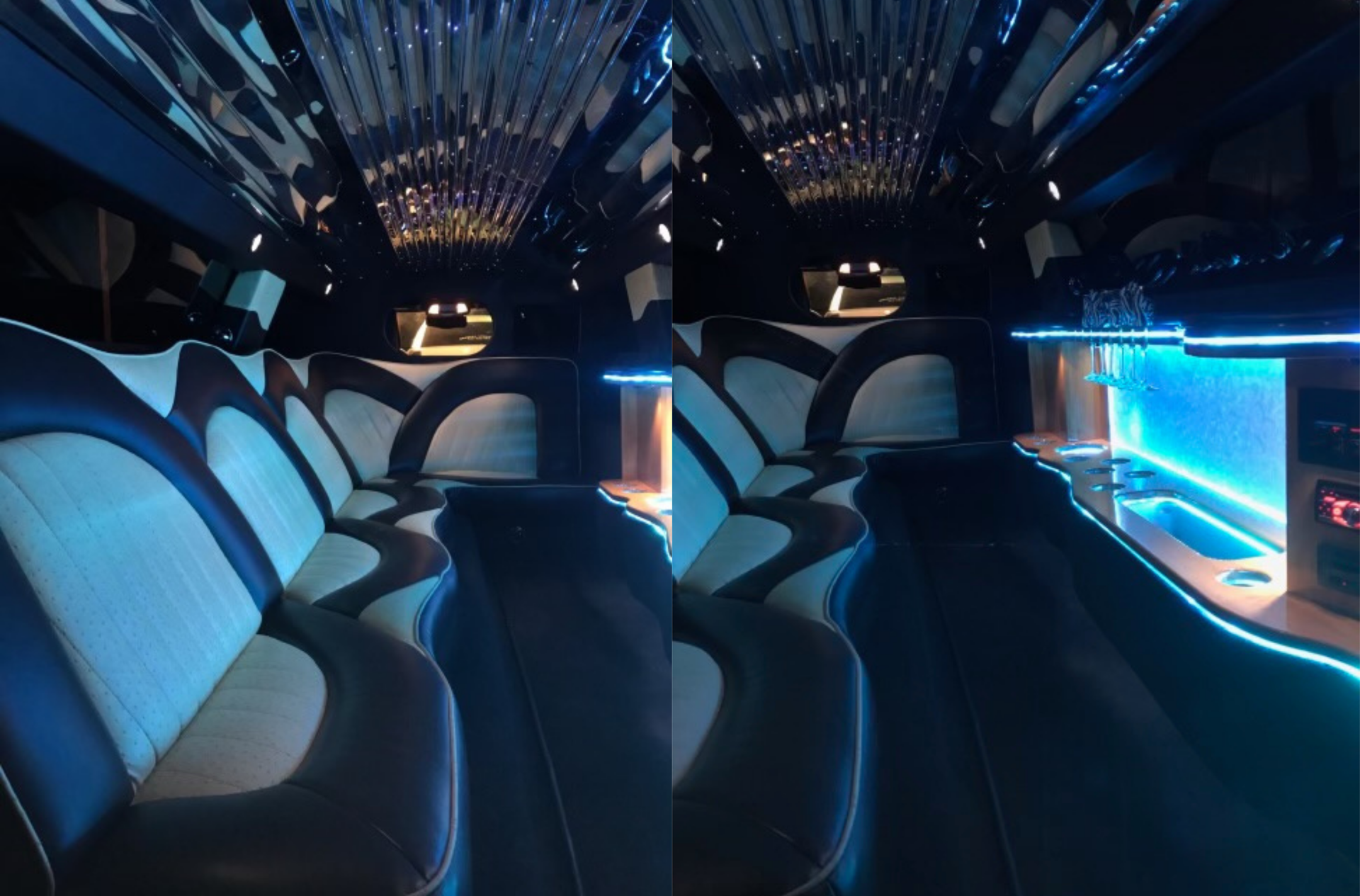 Interior of a limousine with blue and white leather seating, mirrored ceiling, and blue ambient lighting.