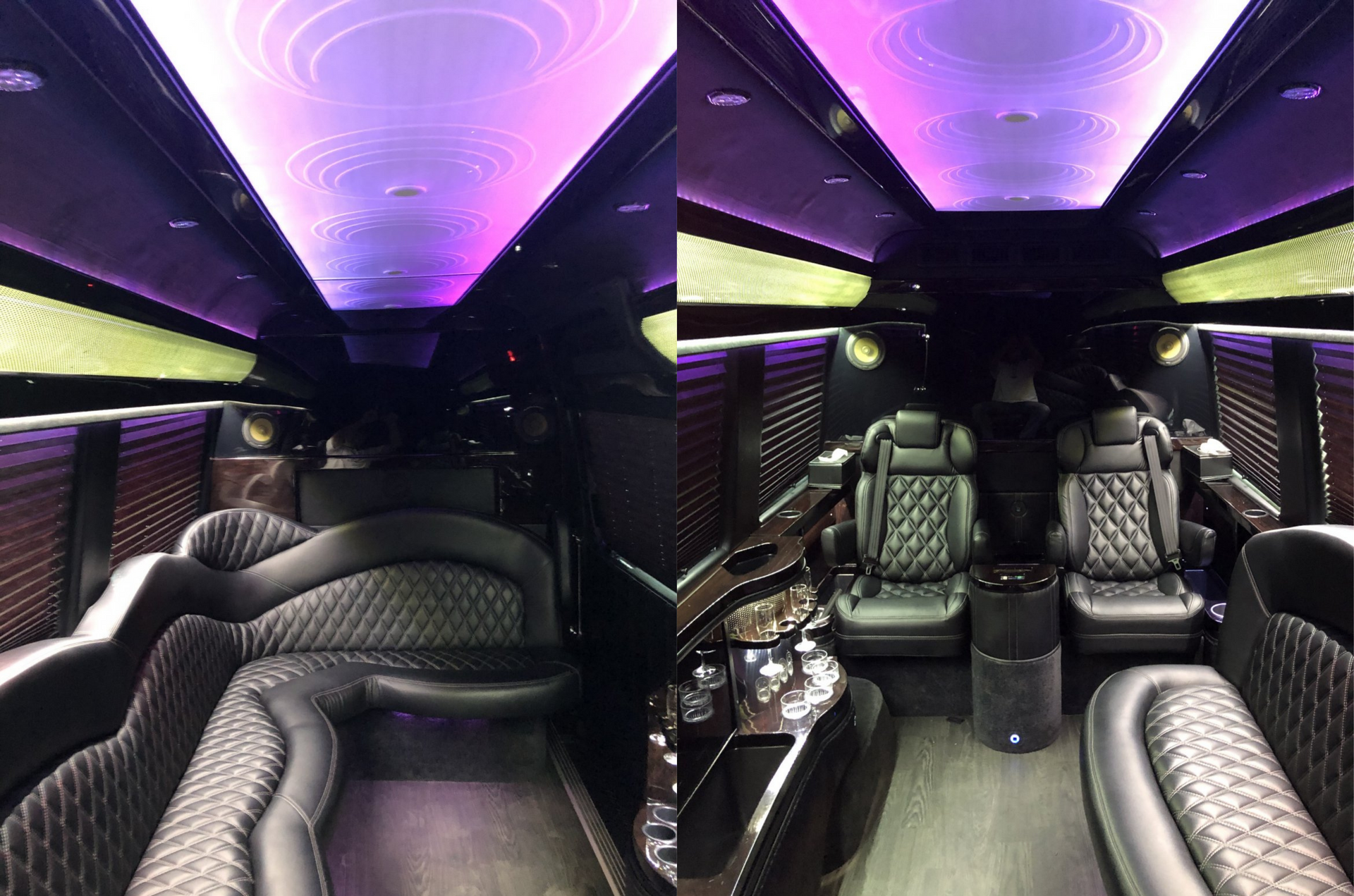 Inside of a luxury vehicle, dark interior with diamond-stitched leather seating, illuminated ceiling lights.