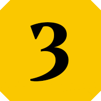 A yellow sign with a black number three on it.