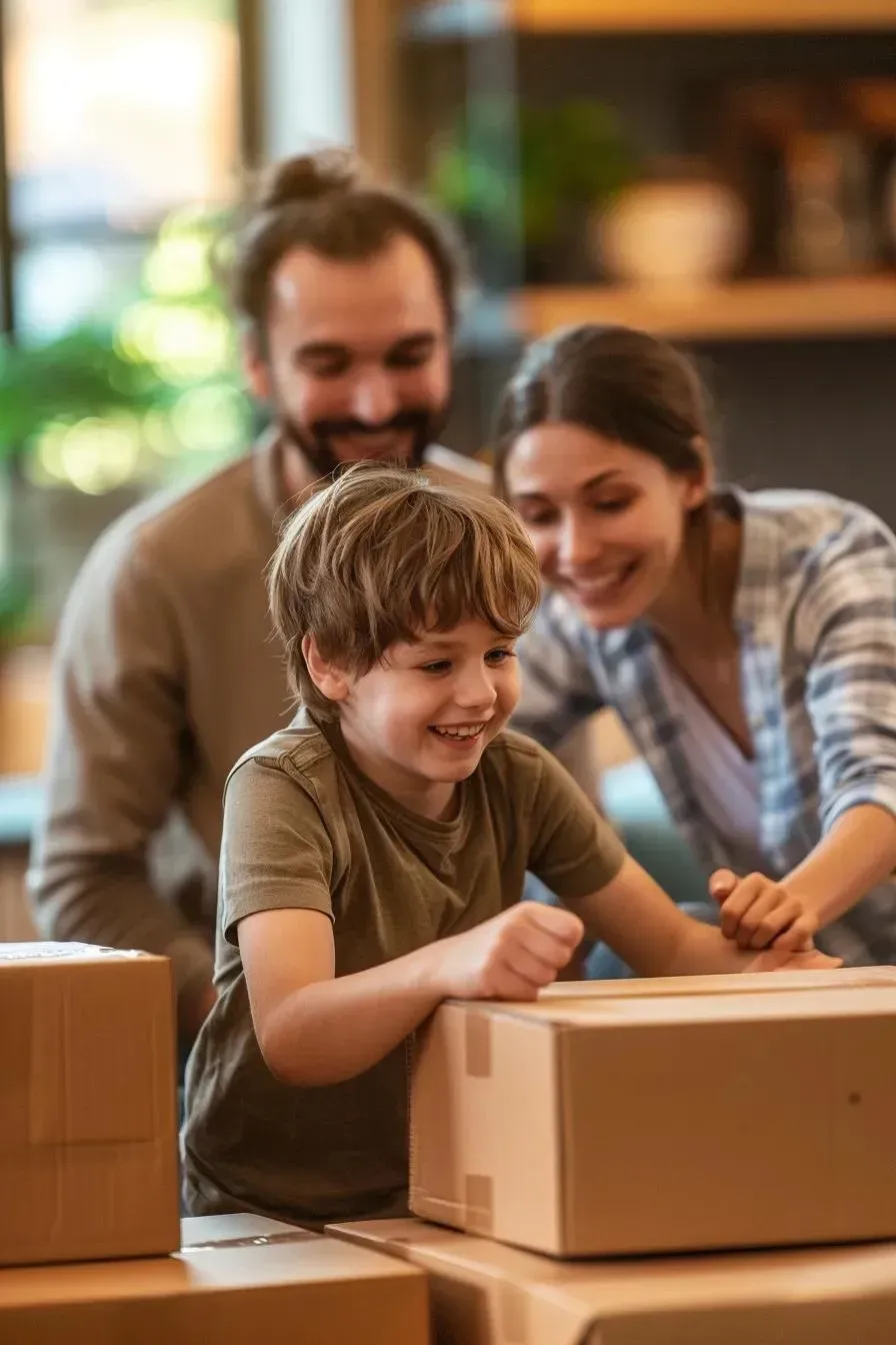 Family opening a cardboard box together, smiling, in a home.