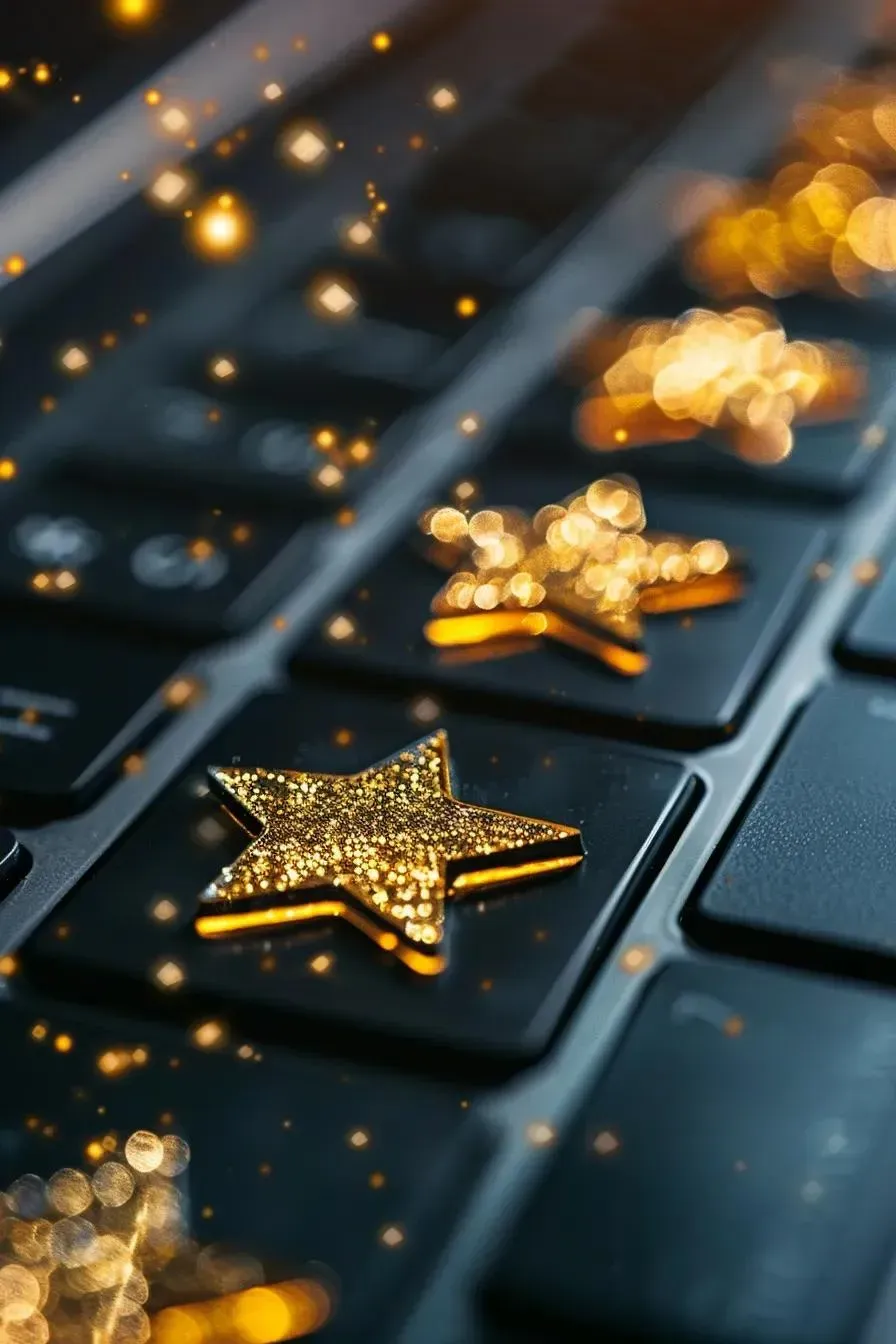 Gold star decorations on a dark laptop keyboard with sparkling bokeh lights.