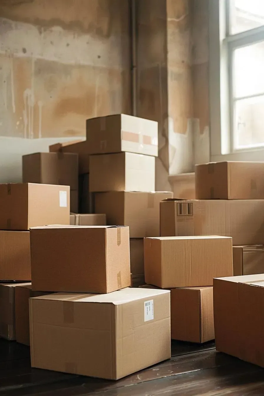 Cardboard boxes stacked in a room with a window, suggesting a move or storage.