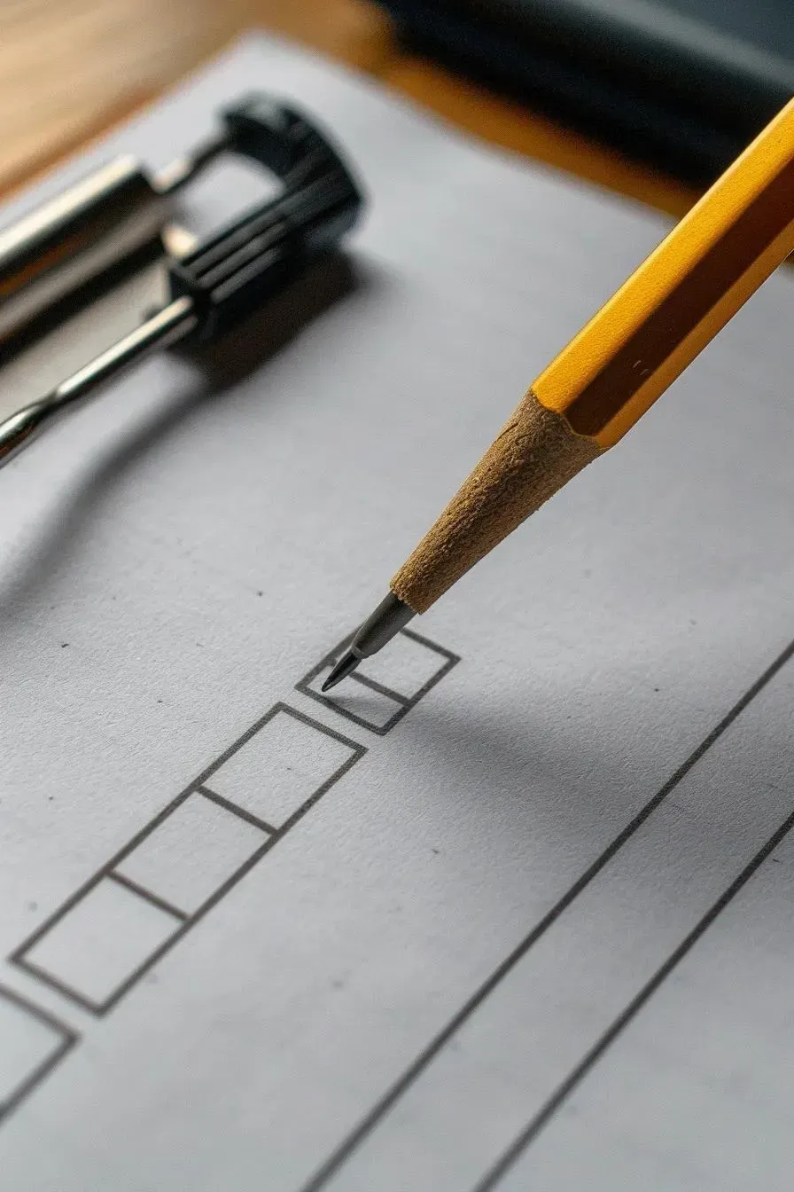 Pencil points to a checkbox on a paper attached to a clipboard, indicating selection.