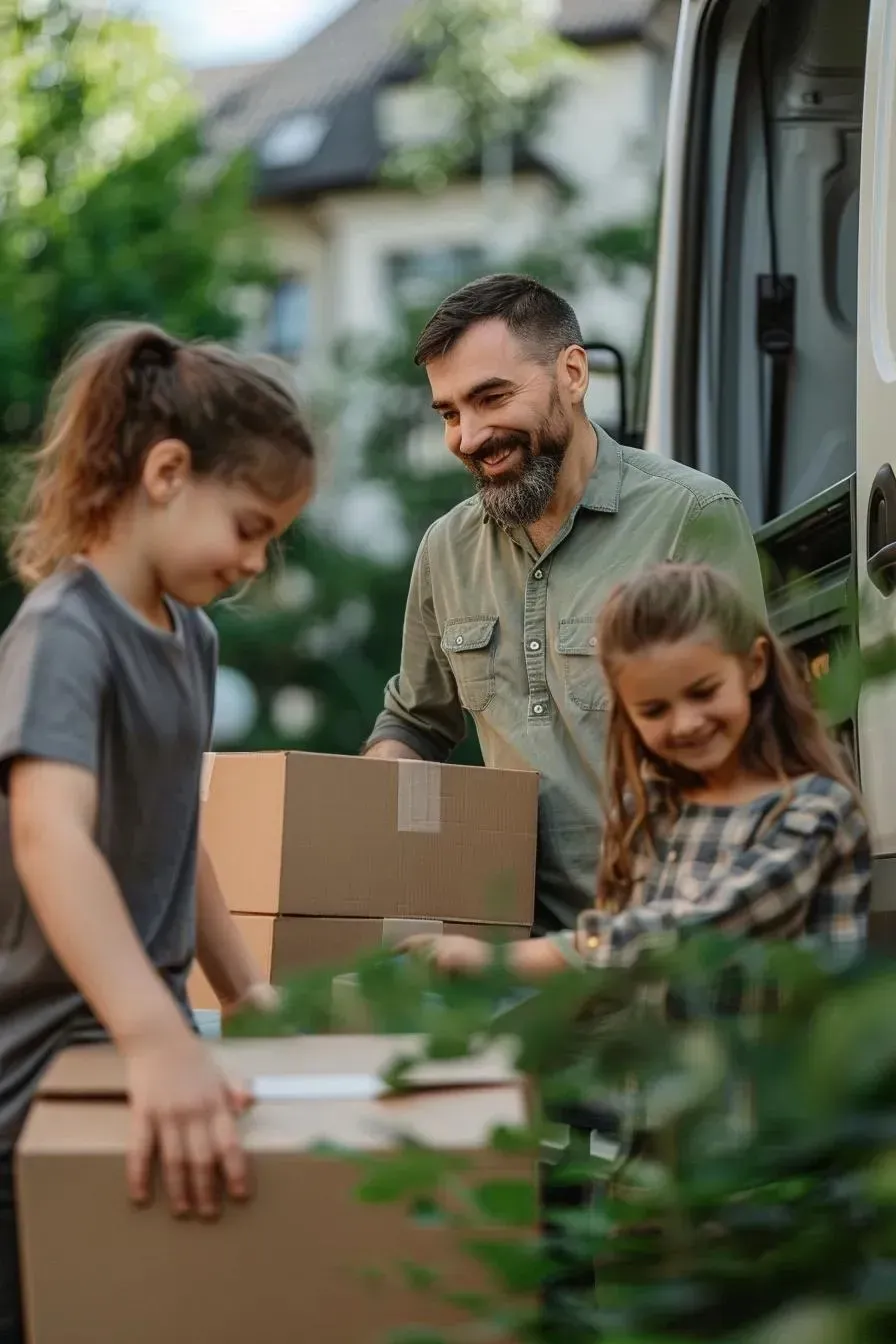 Man smiling, helping two girls load boxes into a van, outdoors near greenery.