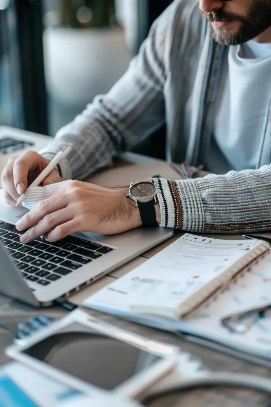 Person writing on paper with a pen at a laptop; notebook and tablet on desk.