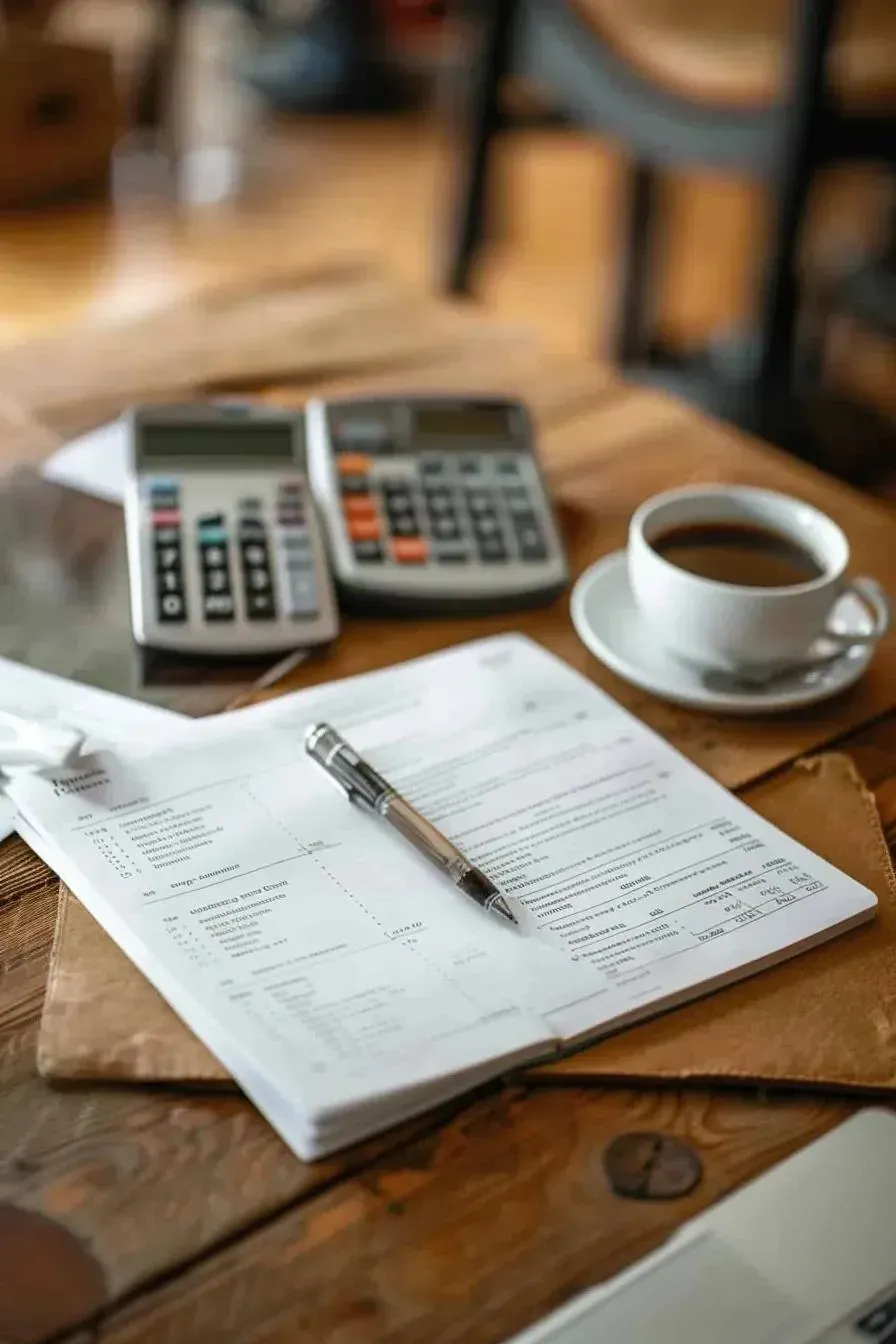 Desk with tax forms, calculators, coffee, and pen.