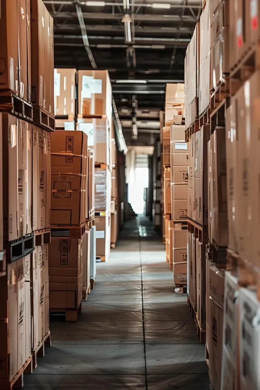 Rows of cardboard boxes stacked on pallets in a warehouse aisle.