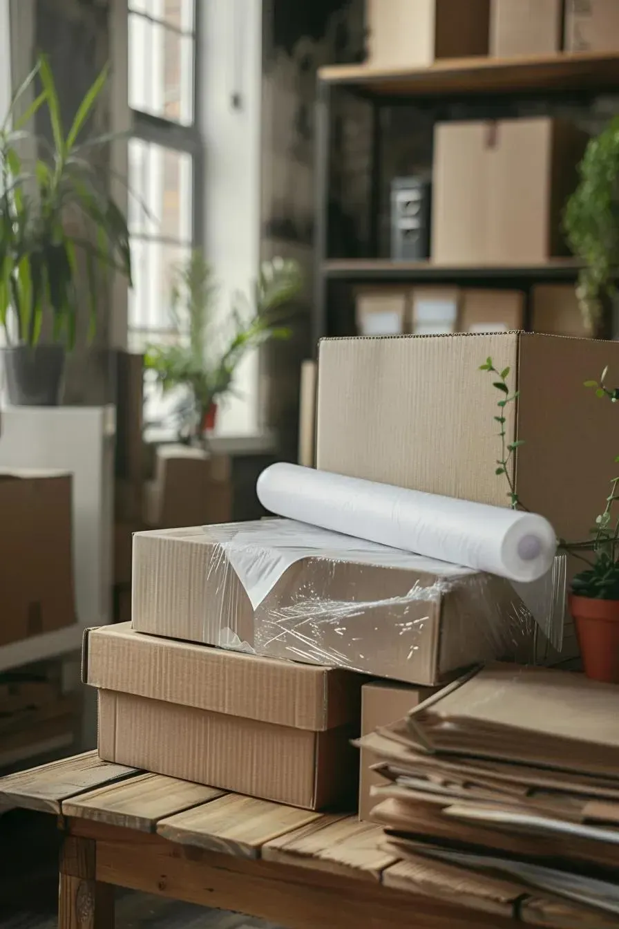 Boxes stacked on a wooden table, with shelves of boxes in background. A roll of white paper rests on top.