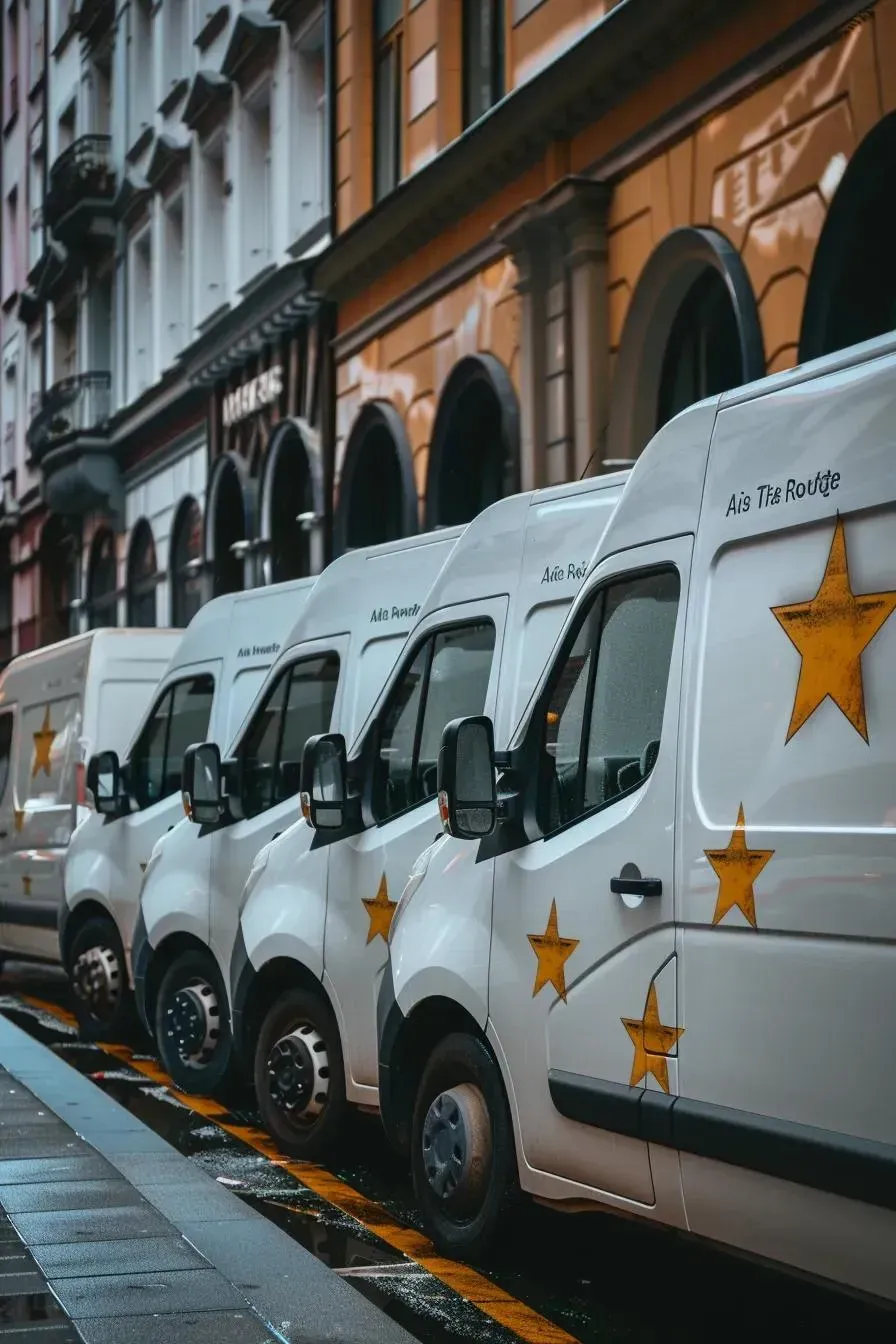 Five white vans with yellow star logos parked on a city street in front of a building.