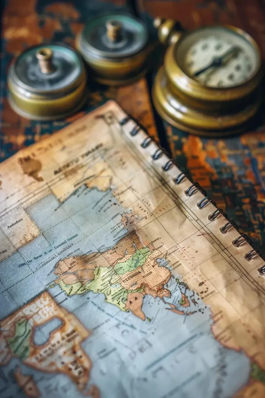Antique map and brass navigational instruments on a wooden surface.