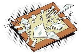 A cartoon drawing of a broken picture frame with pieces of glass flying out of it.