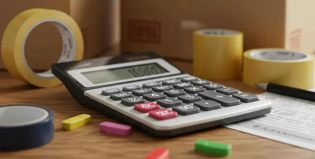 Calculator with packing supplies: tape rolls, sticky notes, and cardboard boxes.