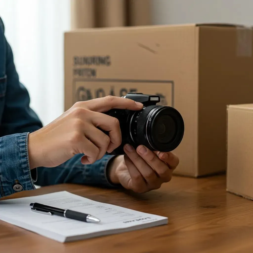 Person holding a camera, boxes in background, notepad and pen on table.