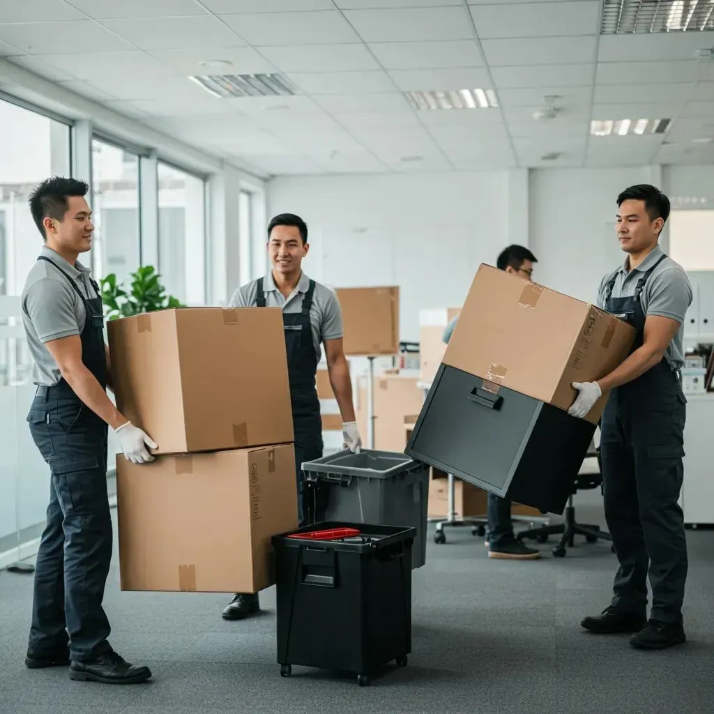 Movers carrying boxes in an office. Men in uniform lift and move packages.