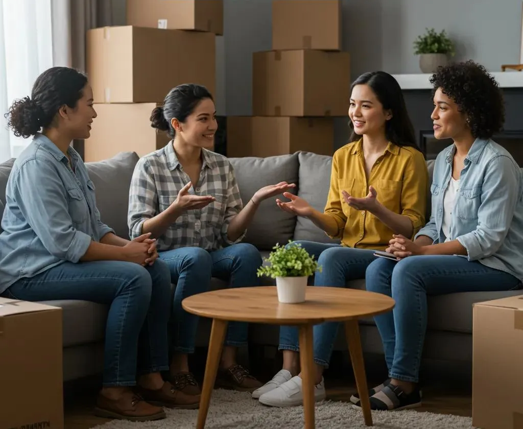 Four women sitting on a couch, talking. Boxes are in the background, a coffee table with a plant in front.