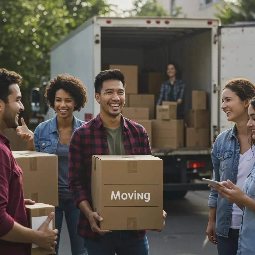 People smiling and carrying boxes labeled