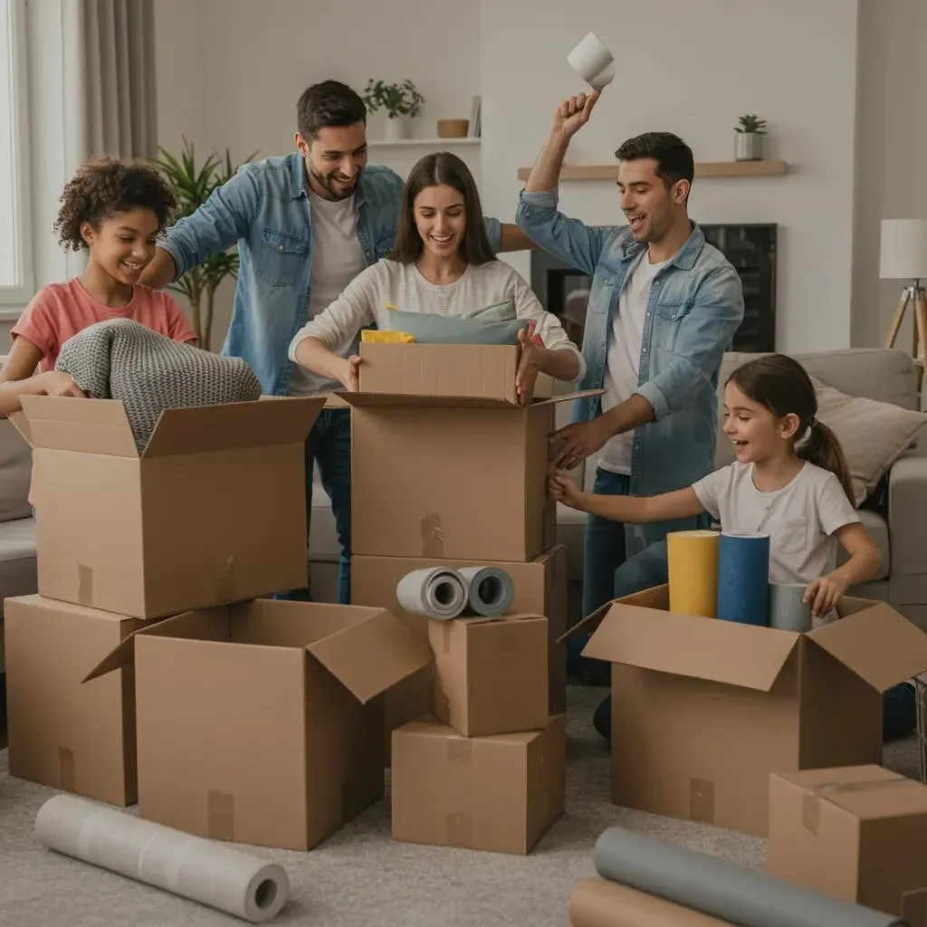 Family unpacking cardboard boxes in a living room, smiling and excited.