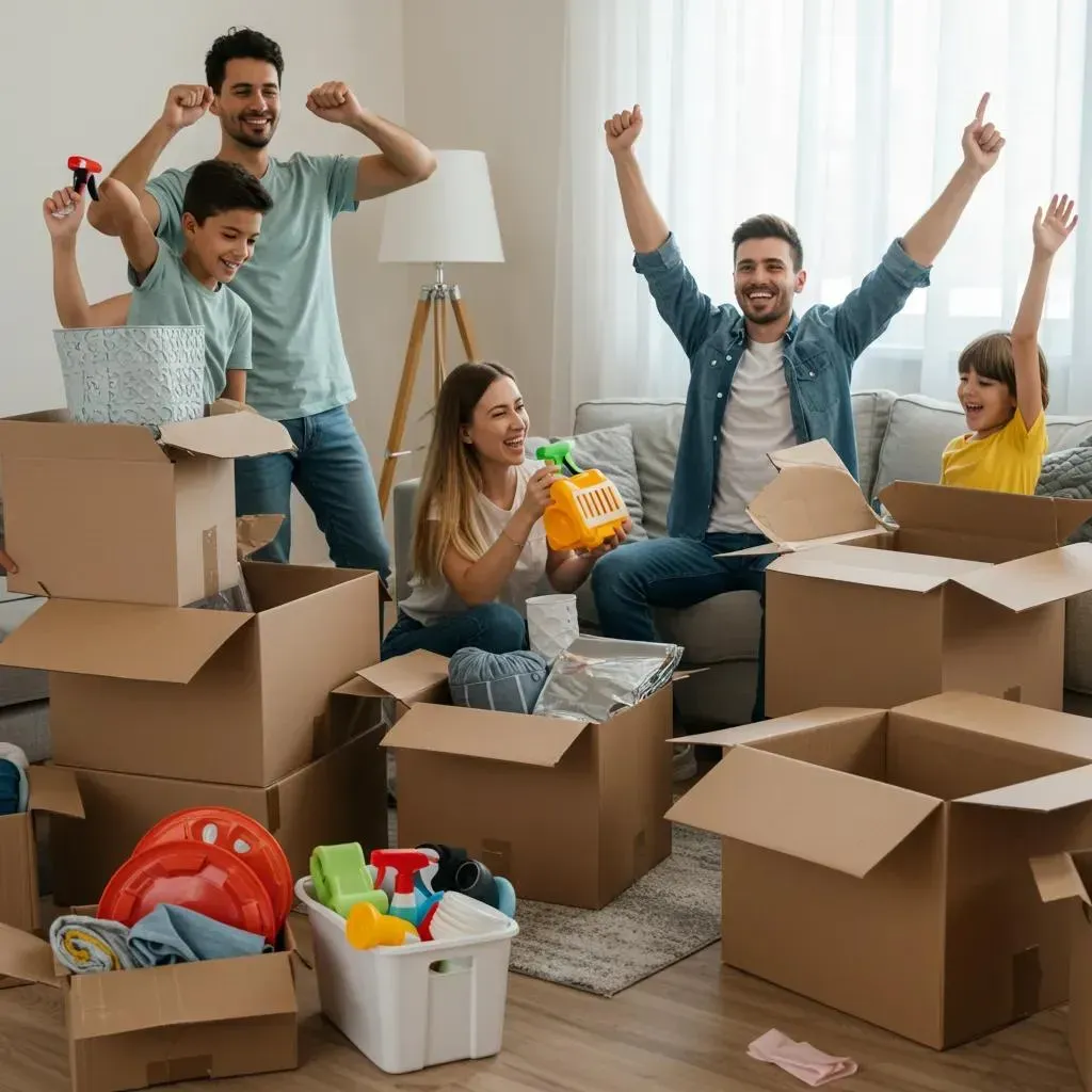 Family celebrating in a new home, surrounded by moving boxes.