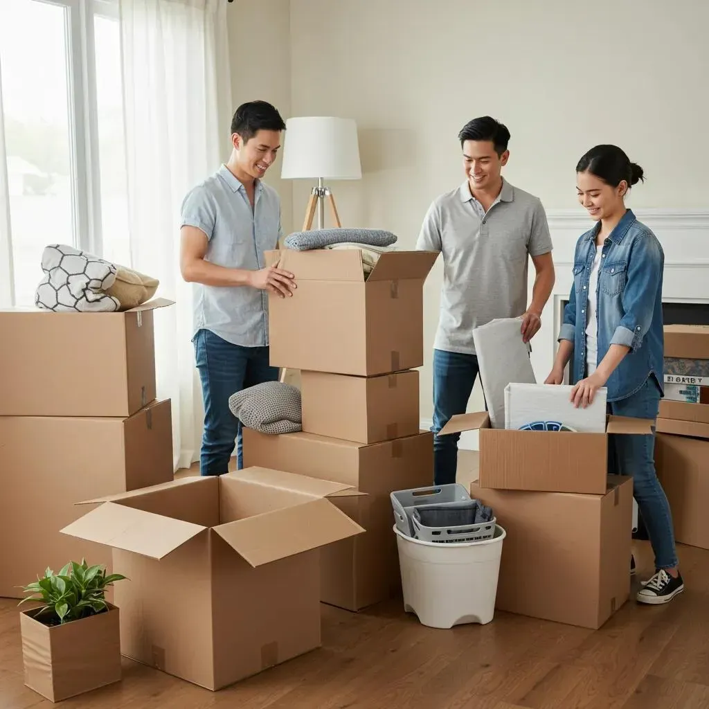 Three people packing cardboard boxes in a room, preparing for a move.