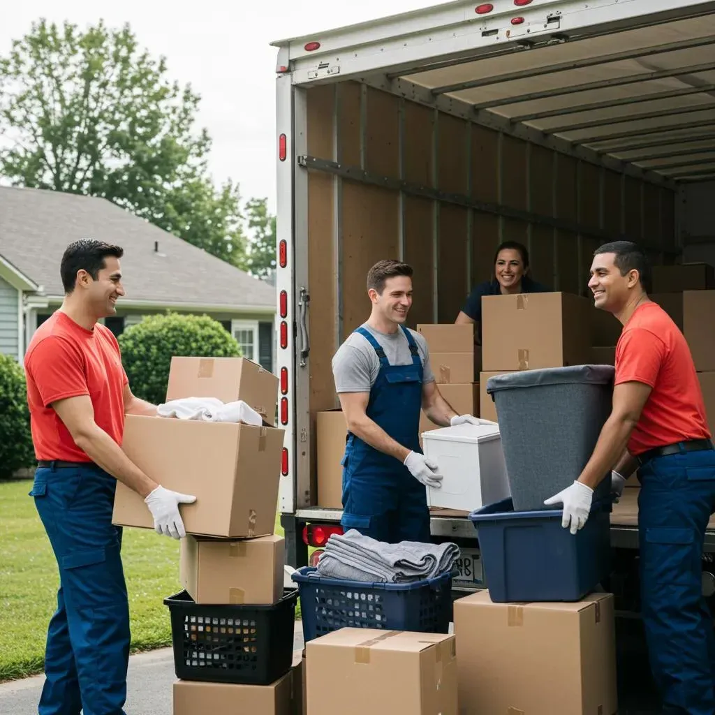 Movers loading a truck with boxes and containers, outdoors. One person smiles, others wear work gloves.