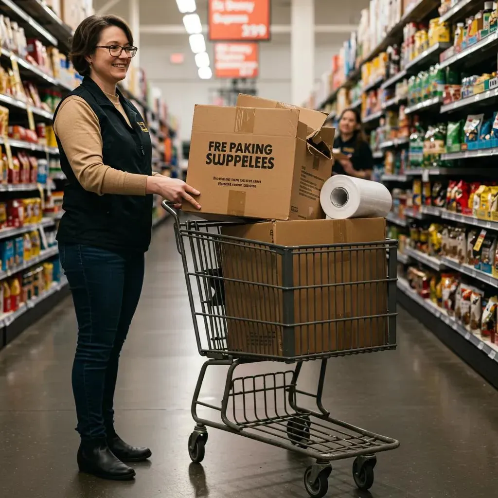 Woman pushing a shopping cart filled with boxes and toilet paper in a grocery store aisle.