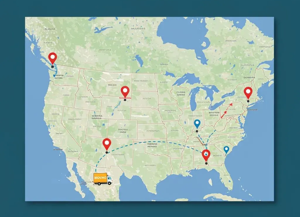Map of North America with red and blue pins showing a delivery route. A yellow truck is at the start point.