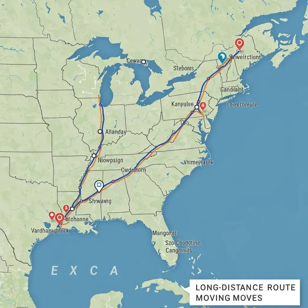 Map of the US showing a long-distance moving route from Louisiana to Massachusetts.