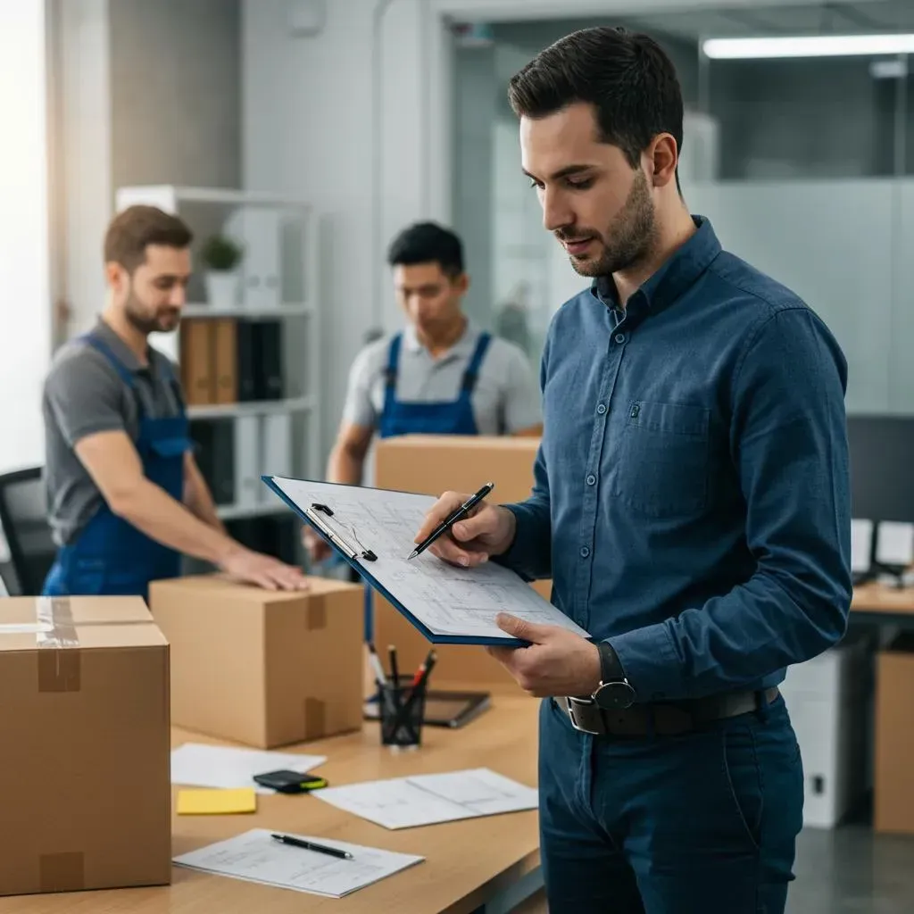 Man in blue shirt reviews a clipboard while two men in work clothes handle boxes in an office.