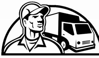 A black and white drawing of a delivery man standing next to a truck.