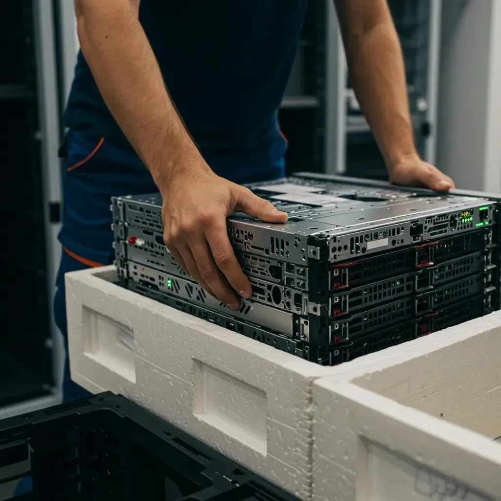 Person holding a stack of server computers in a data center.