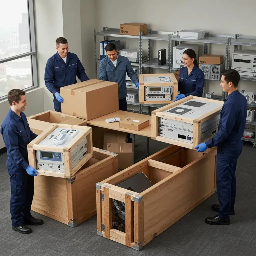 Six people in blue jumpsuits unpack equipment in an office, surrounded by shipping containers and shelves with boxes.