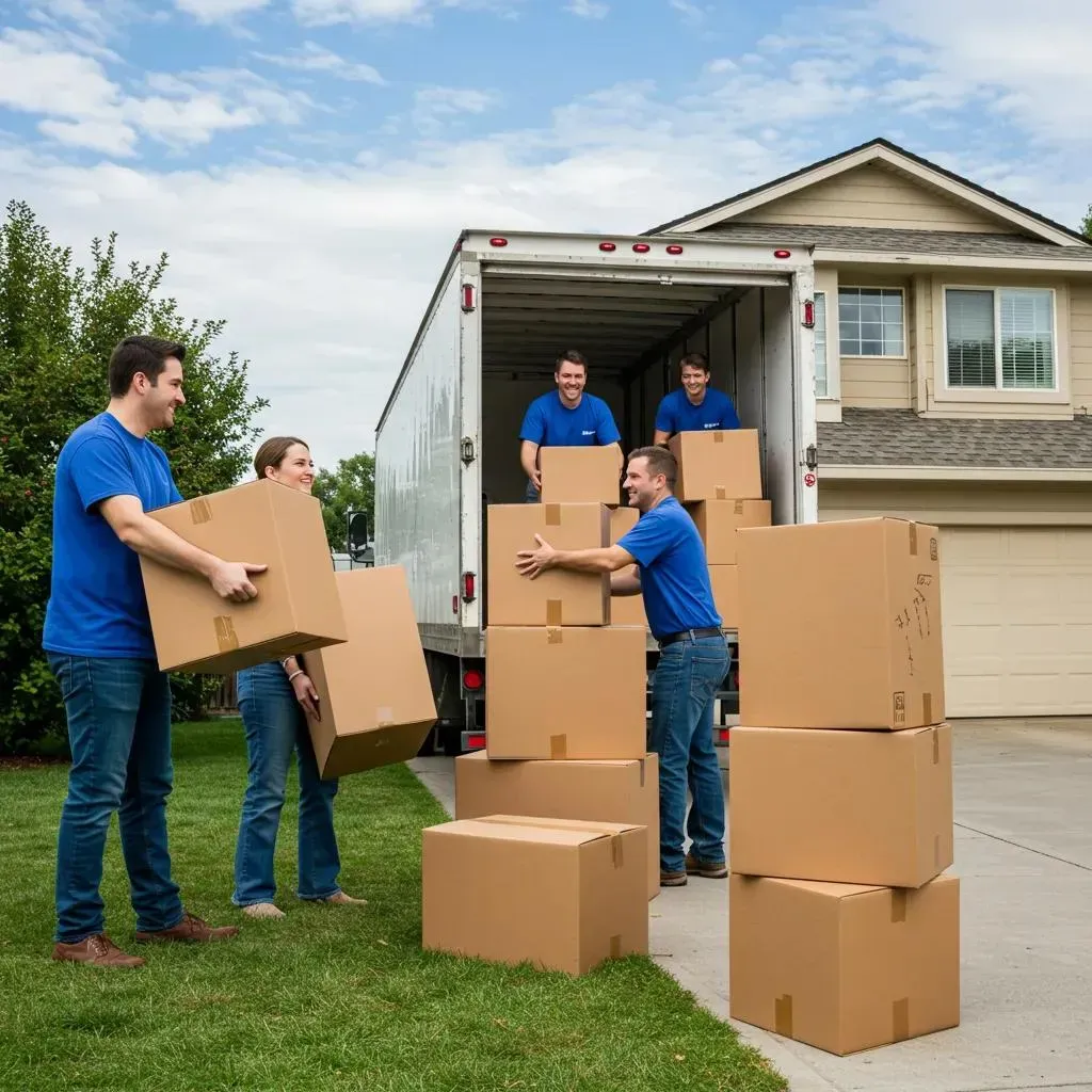 Movers in blue shirts loading cardboard boxes into a truck parked in front of a house.