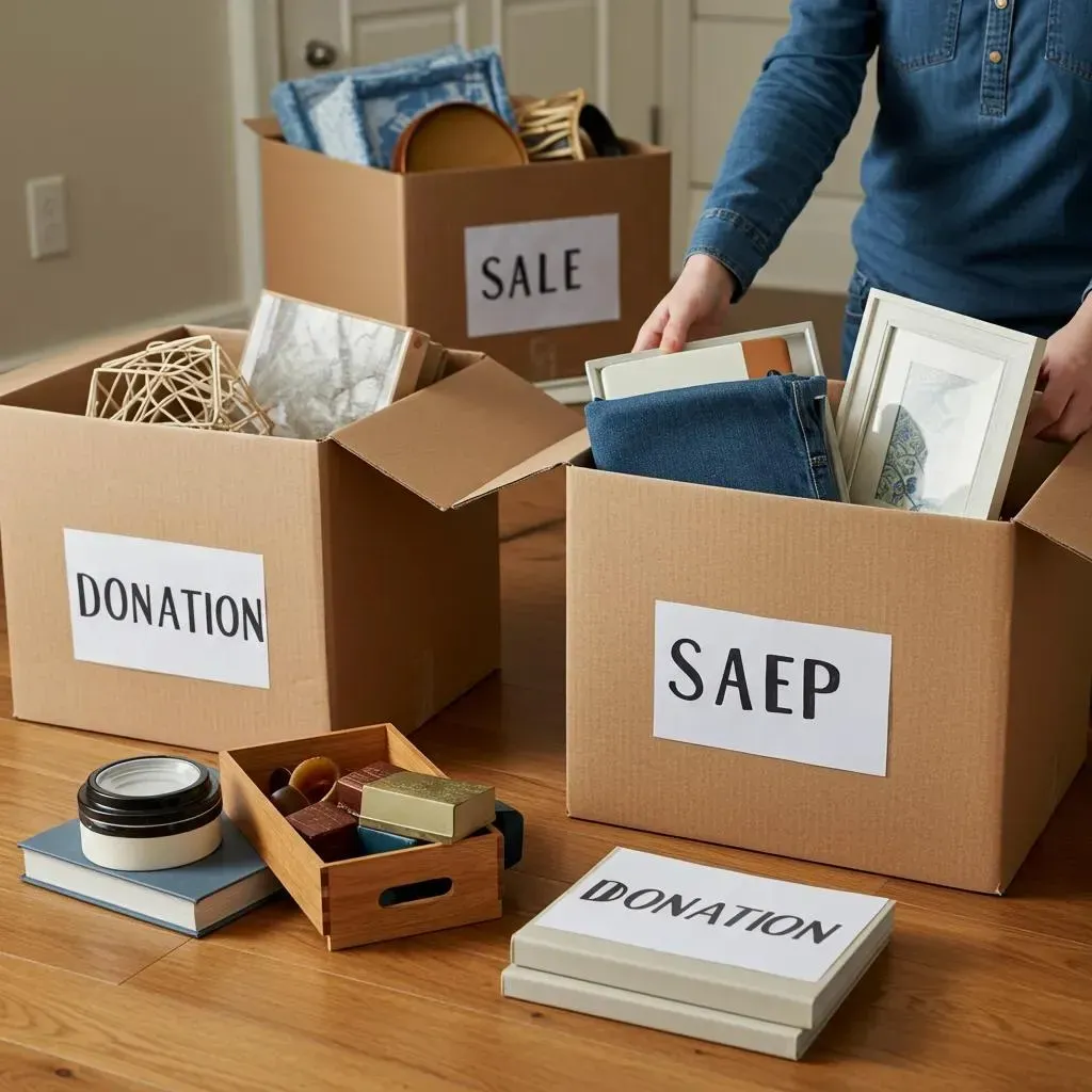 Person sorting items into boxes labeled