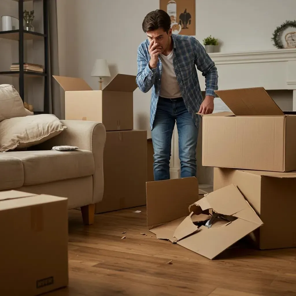 Man in living room surrounded by moving boxes, looking distressed at a damaged box.