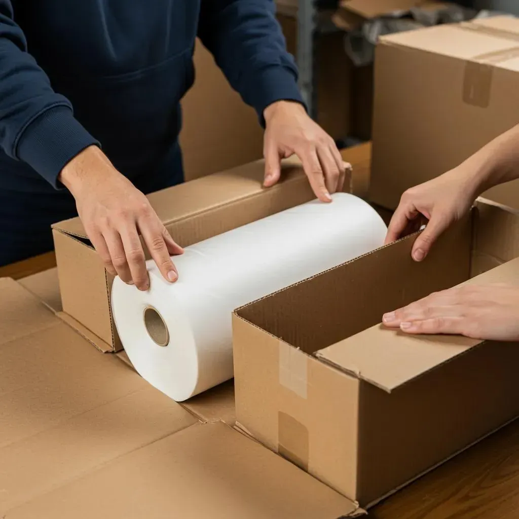 Two people packing a large roll of white paper into a cardboard box on a wooden surface.