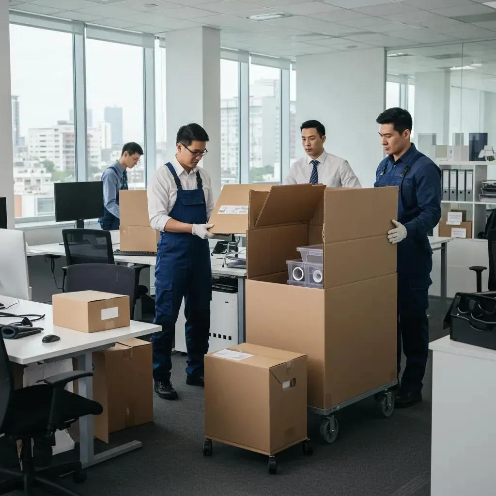 Movers packing boxes in a brightly lit office with desks and windows. A man watches.