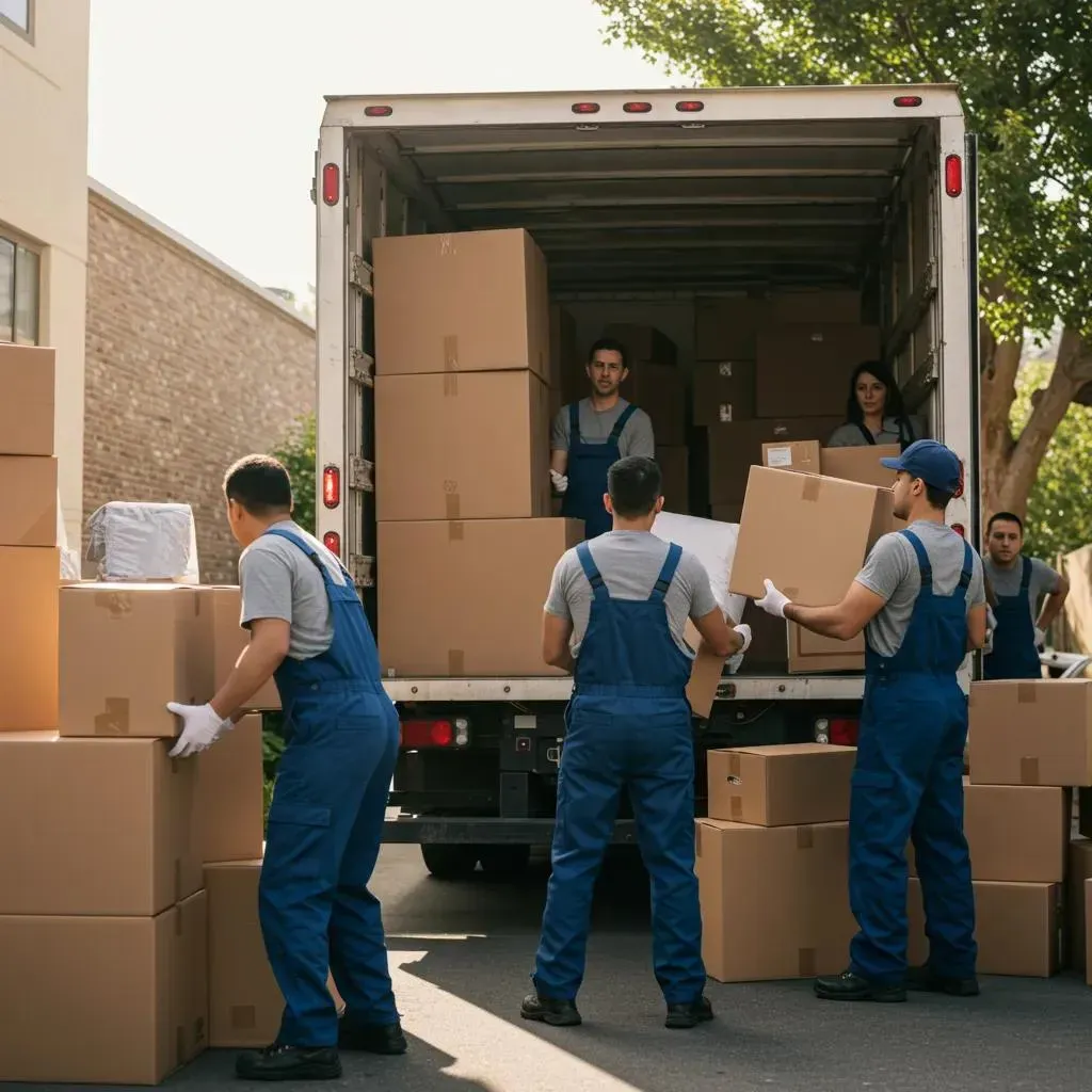 Movers in blue overalls loading boxes into a moving truck. Exterior setting.