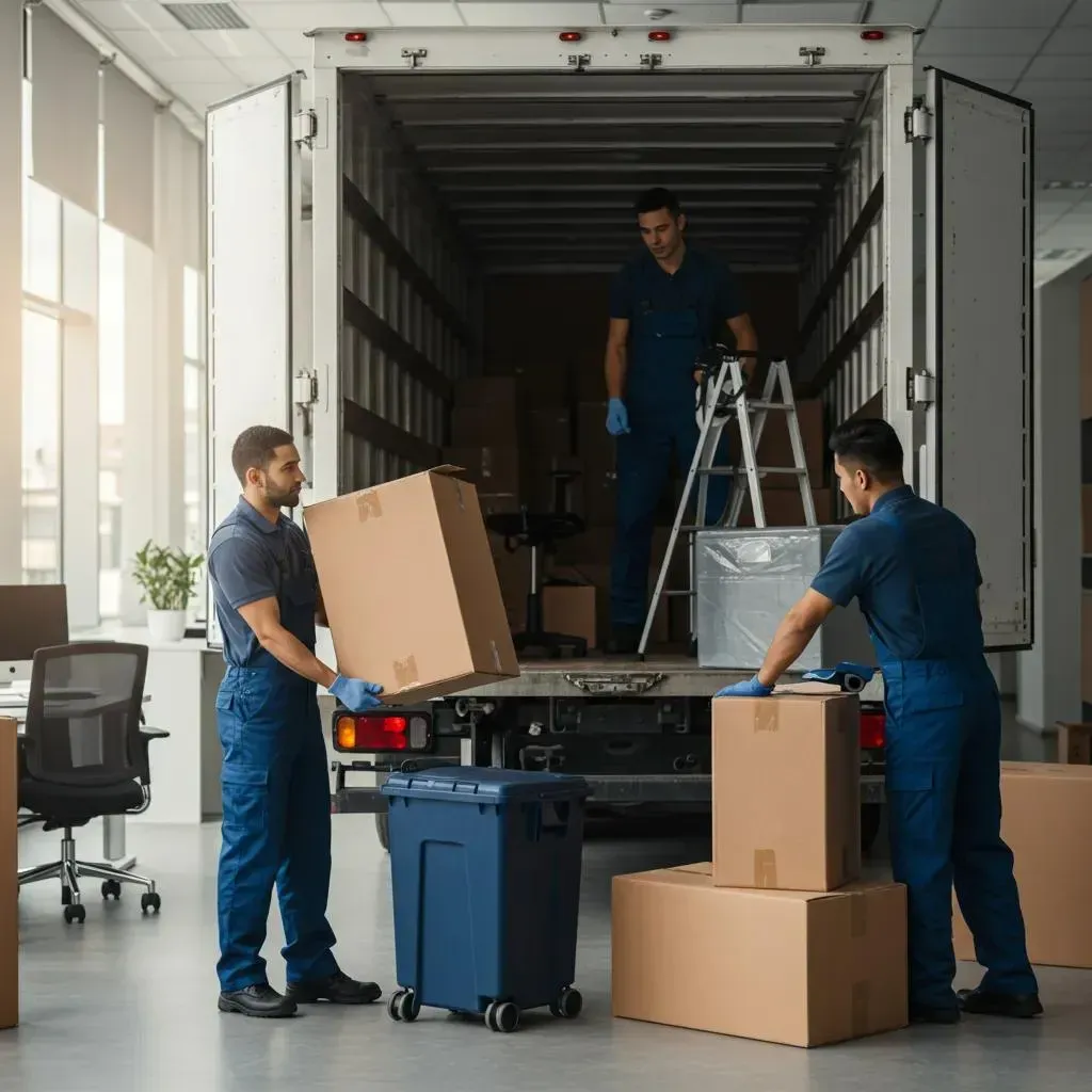 Three movers unloading a truck, carrying boxes into a building. One is on a ladder.