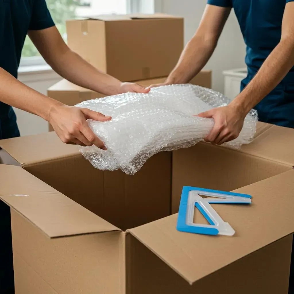 Two people packing a box; one holding bubble wrap, the other helping. Boxes are in a room.