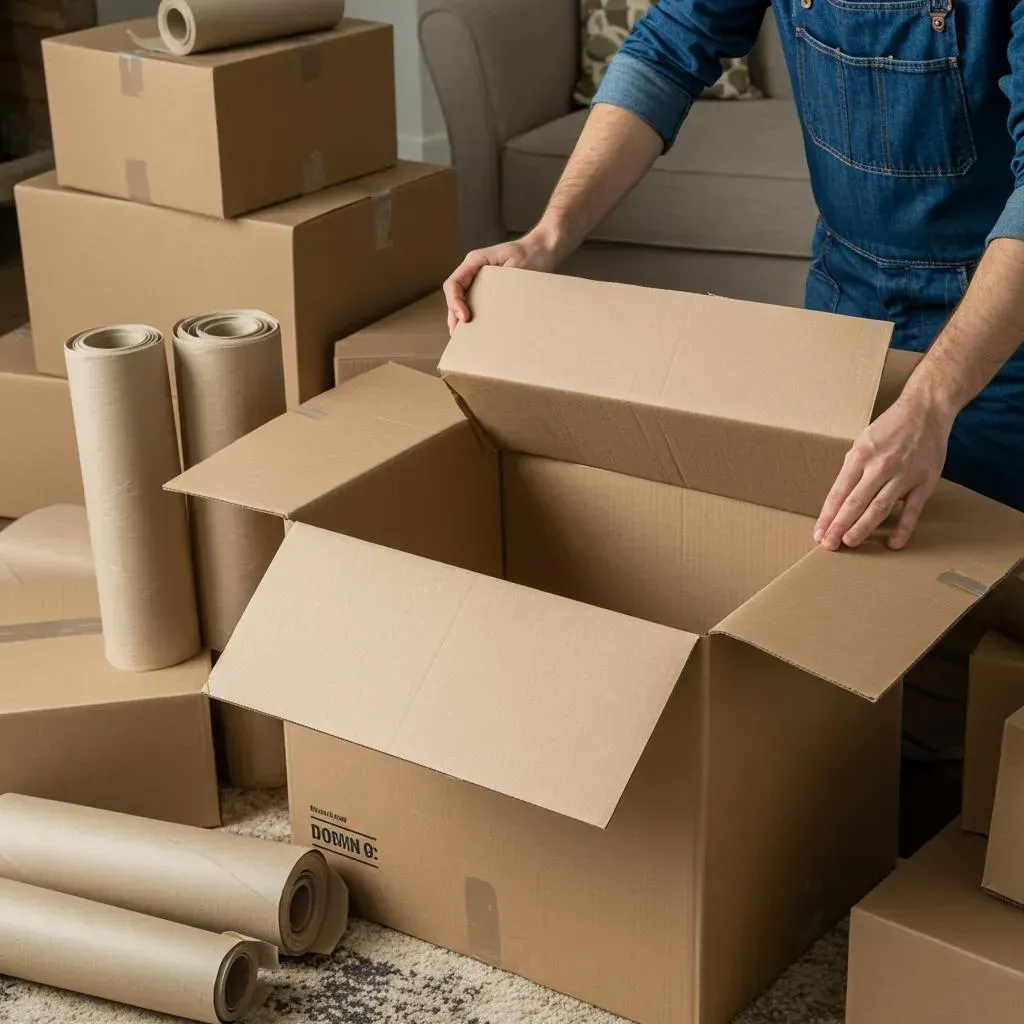Person in denim overalls packing cardboard boxes for moving.