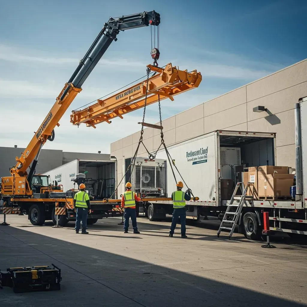 A crane lifting industrial equipment from a truck with workers in safety vests.