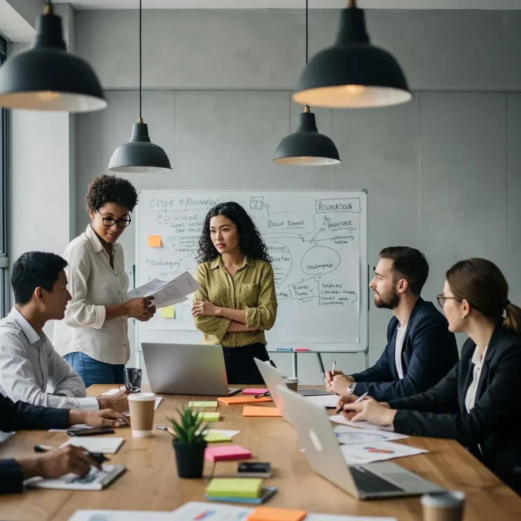 Business team at a conference table reviewing documents near a whiteboard with notes.